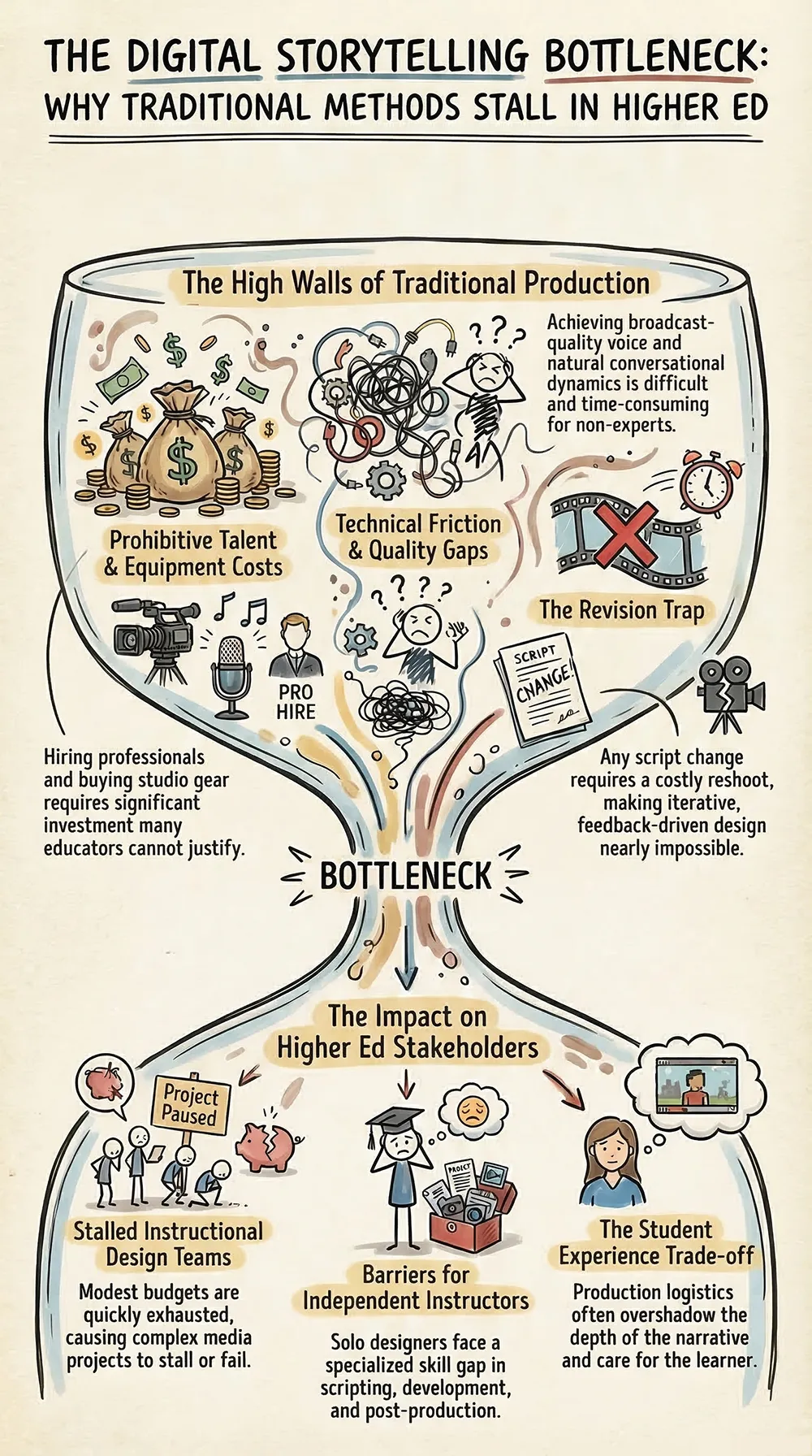 Infographic: typical problems with digital storytelling — cost, talent, equipment, time, and technical complexity